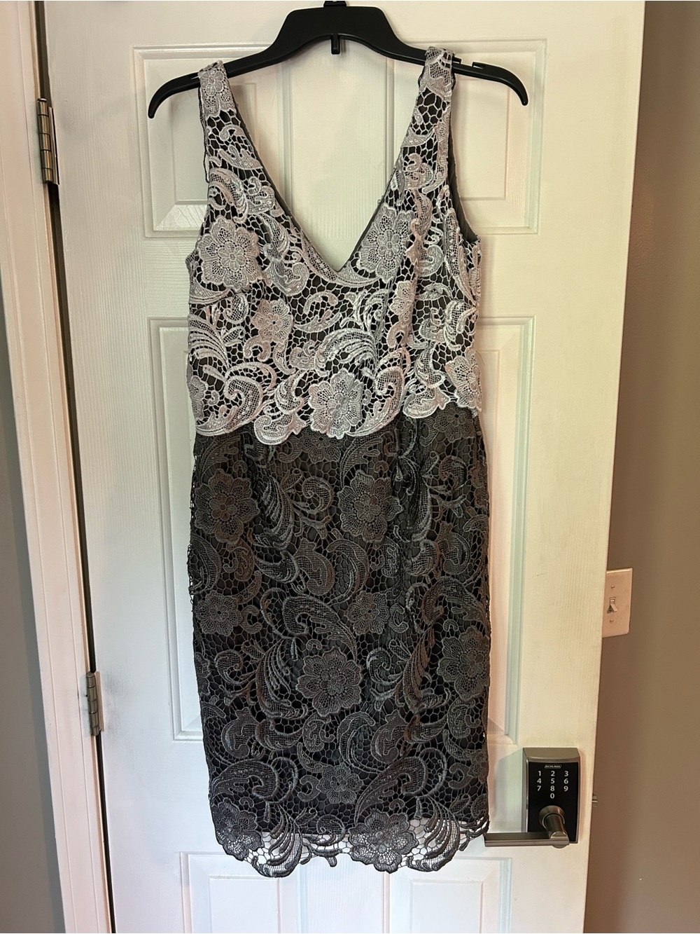Adrianna Papell Black and White Lace V-Neck Midi Dress